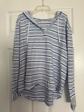 Lands End Caslon Striped Hooded Pullover Top - Blue & White